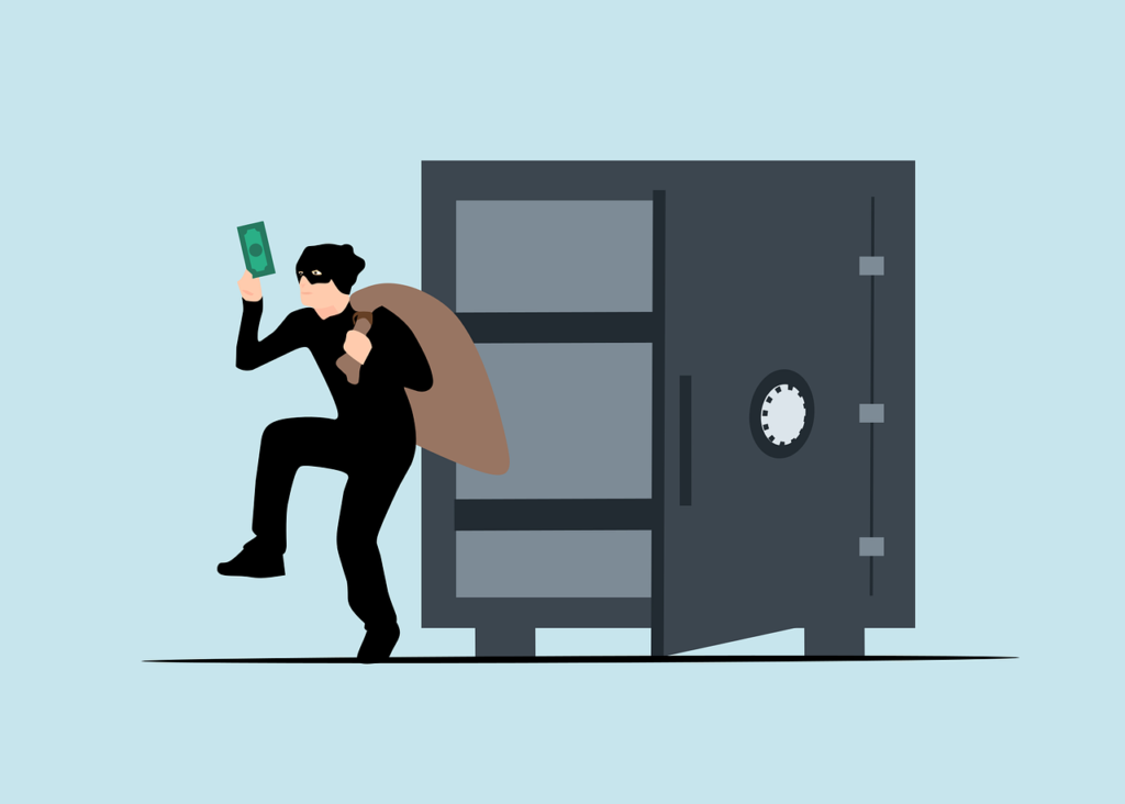 An illustration of a robber stealing money from a giant safe.