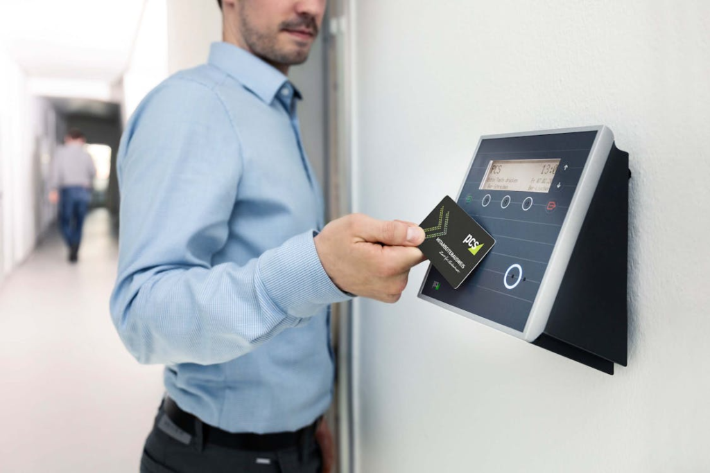 Business professional using an access card system supported by a commercial locksmith in Las Vegas.